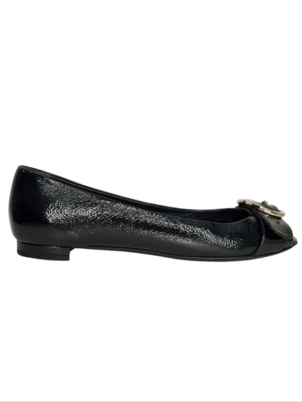 Gucci Salandia Black Patent Leather GG Peep-Toe Flats